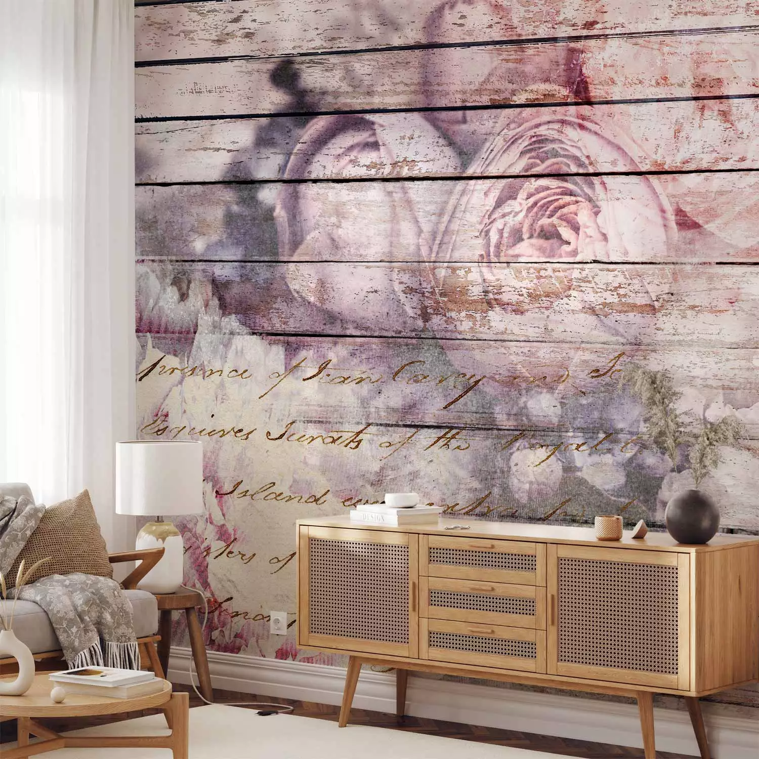 Wall Mural Idyll - flowers in purple with lettering on a wood-textured background