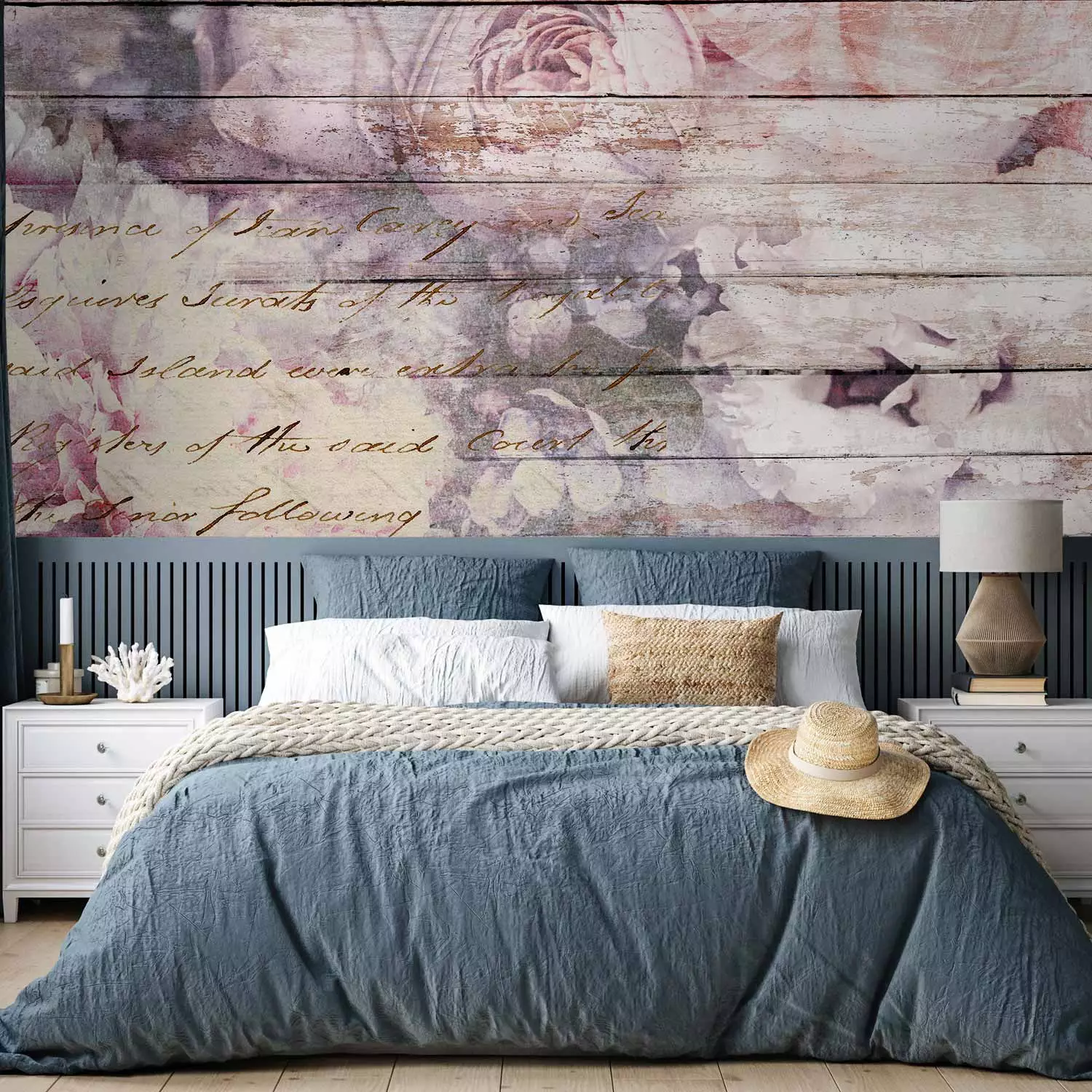 Wall Mural Idyll - flowers in purple with lettering on a wood-textured background