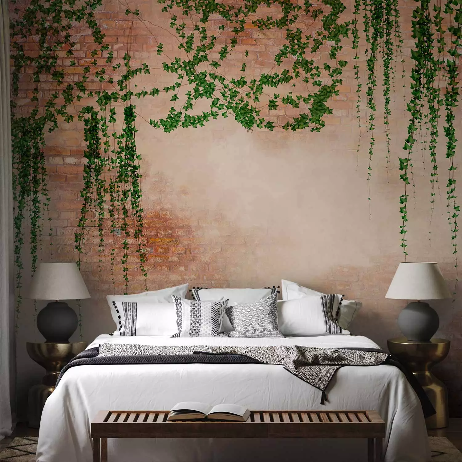 Wall Mural Ivy on wall - green leaf vines on brick red wall