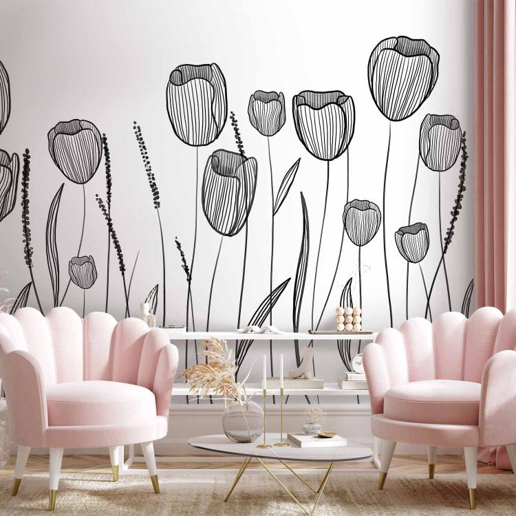Wall Mural Linear flowers - black and white minimalist boho style plants