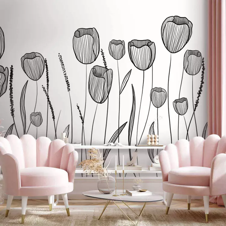 Wall Mural Linear flowers - black and white minimalist boho style plants