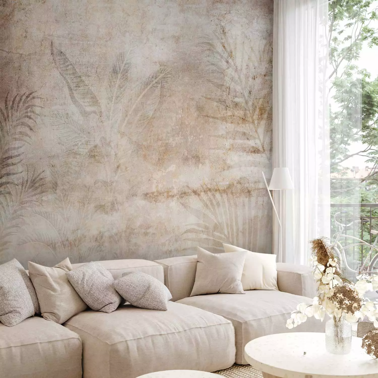 Wall Mural Beige nature - composition with leaves and palm trees in grey light colours