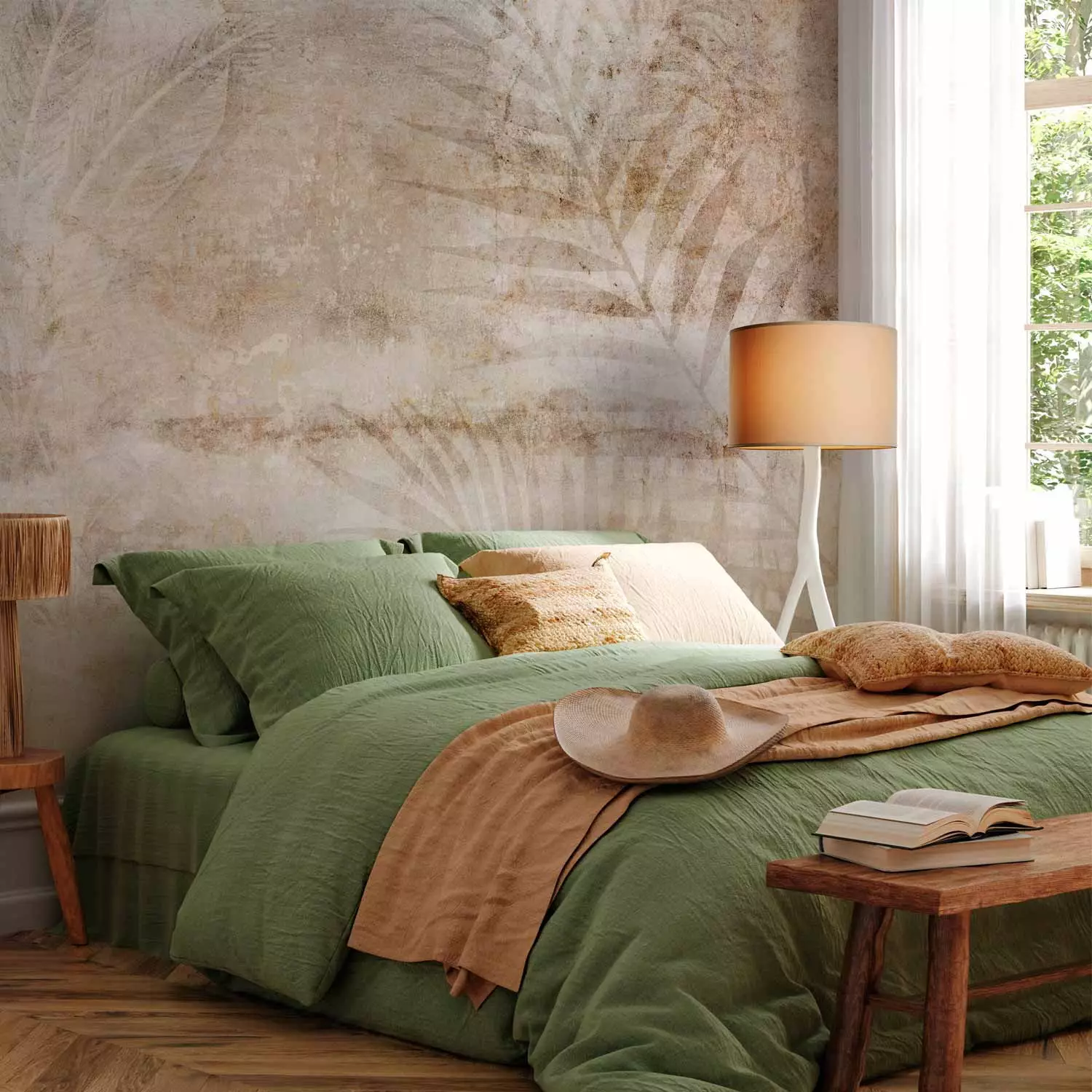 Wall Mural Beige nature - composition with leaves and palm trees in grey light colours