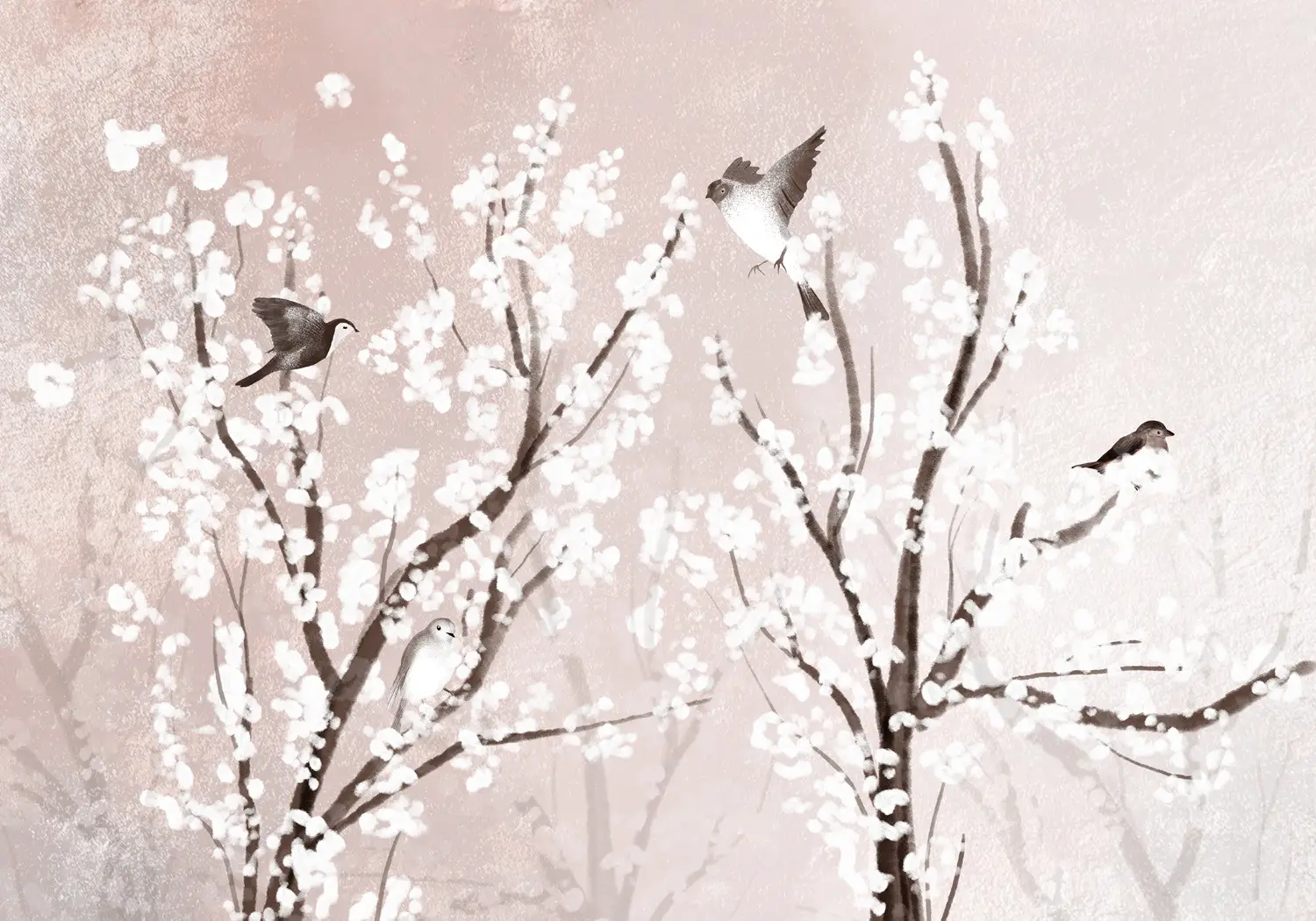 pink wallpaper with white trees