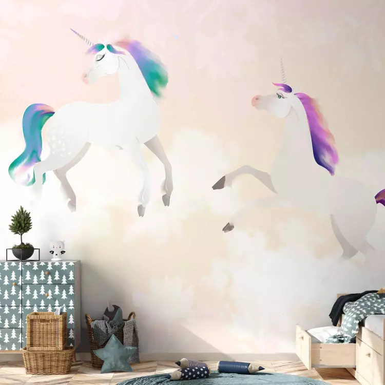 Magical unicorns - fairytale horses in clouds with flowers for children