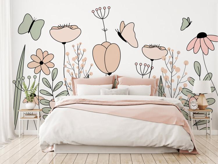 Wall Mural Drawn field meadow - graphic linear pink flowers leaves and butterflies