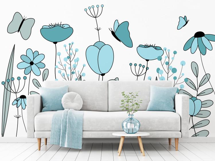 Wall Mural Drawn meadow - graphic linear blue flowers leaves and butterflies