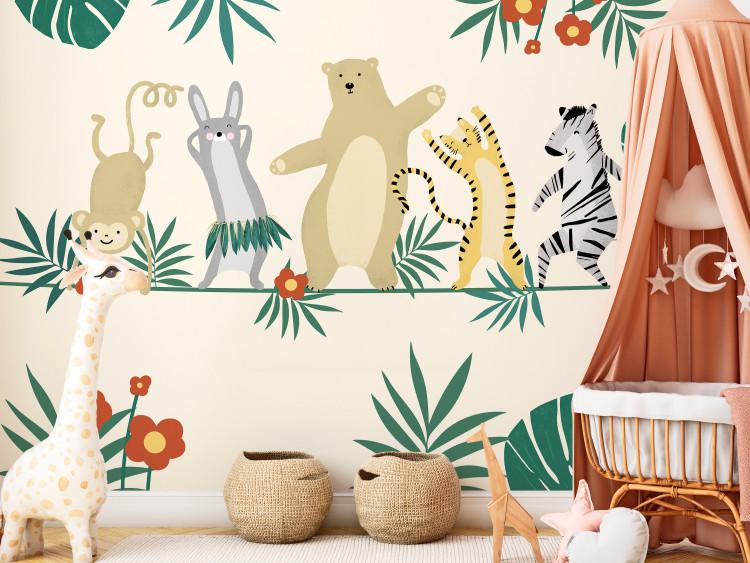 Wall Mural Dancing animals - monkey, hare, tiger, bear and zebra on yellow background