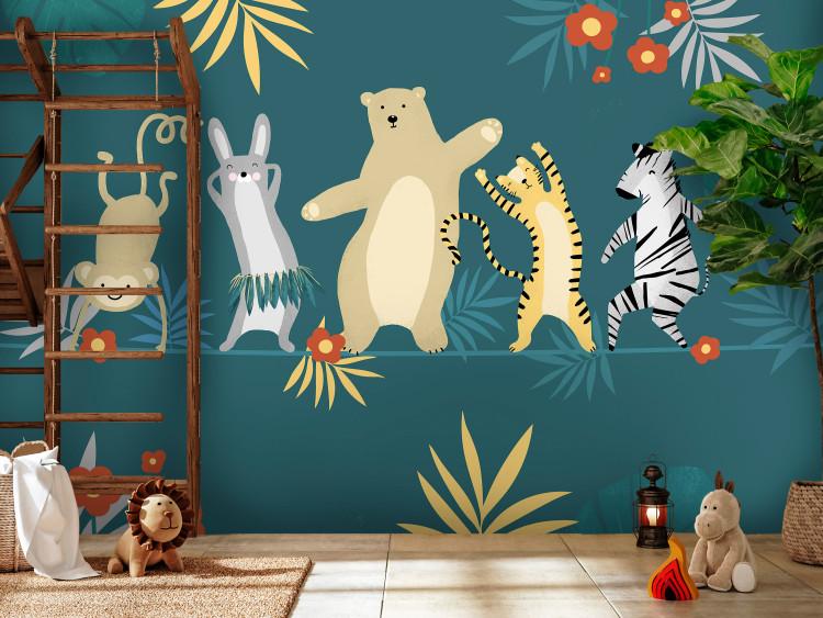 Wall Mural Dancing animals - monkey, hare, tiger, bear and zebra on dark background