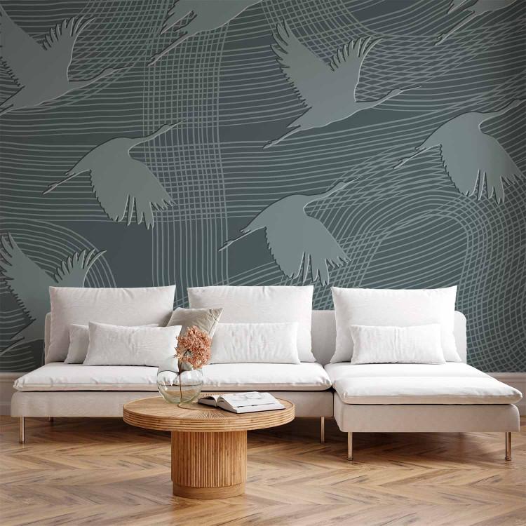 Wall Mural Flying cranes - curved striped abstraction with grey birds in flight