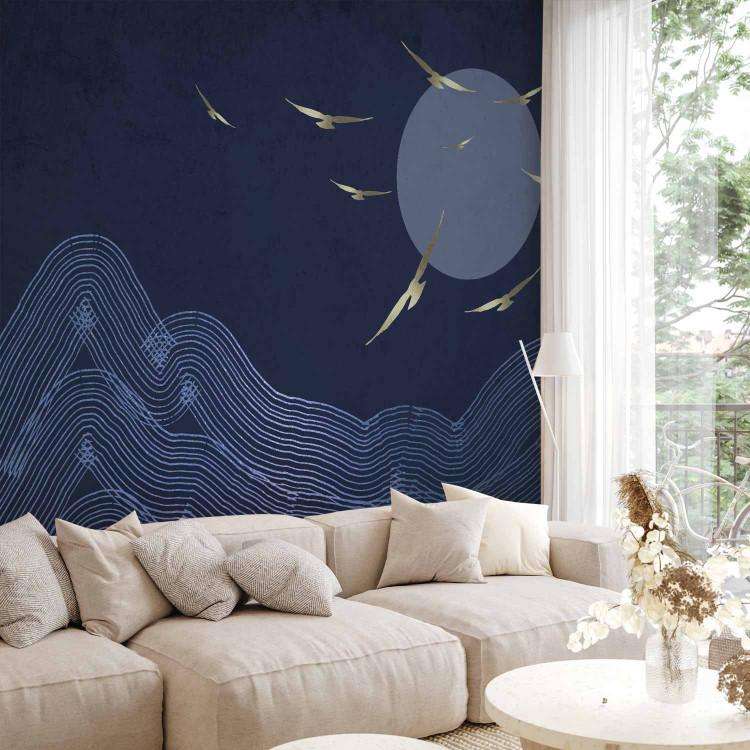 Wall Mural Flying birds towards the sun - dark blue landscape with linear mountains