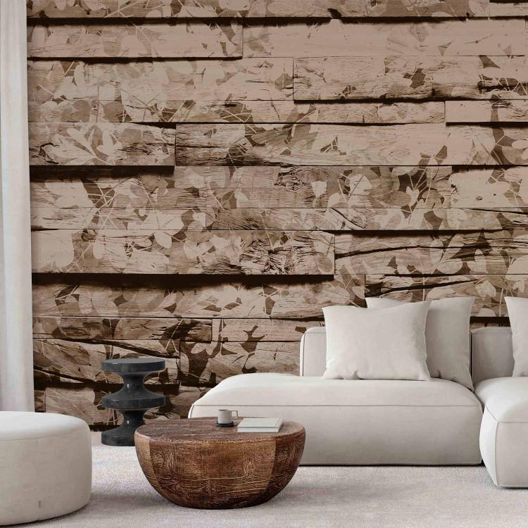 Wall Mural Patterned boards - plant pattern with brown leaves on wood