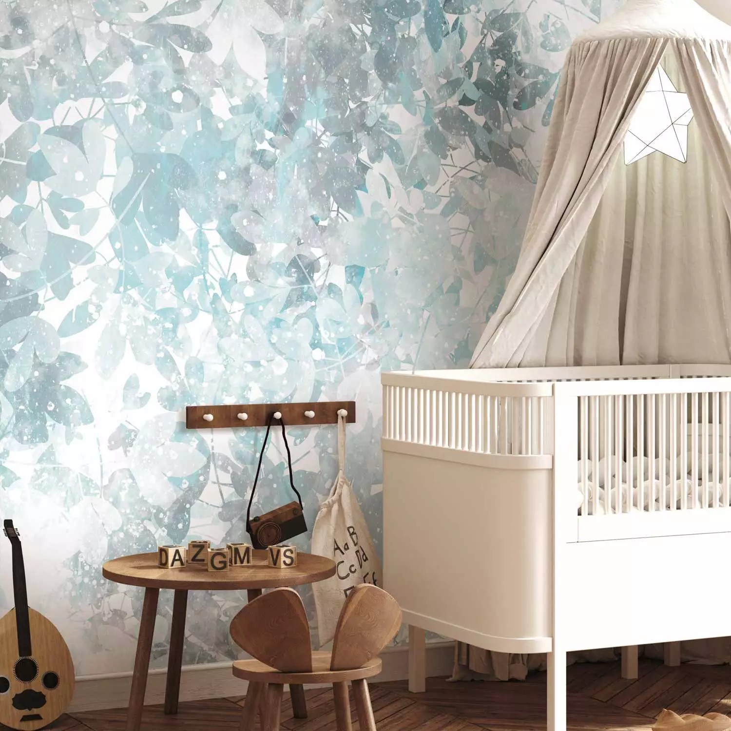 Wall Mural Magic garden - twigs and leaves in blue colours with patterns