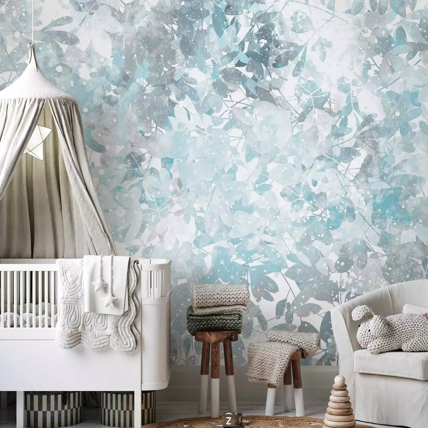 Wall Mural Magic garden - twigs and leaves in blue colours with patterns