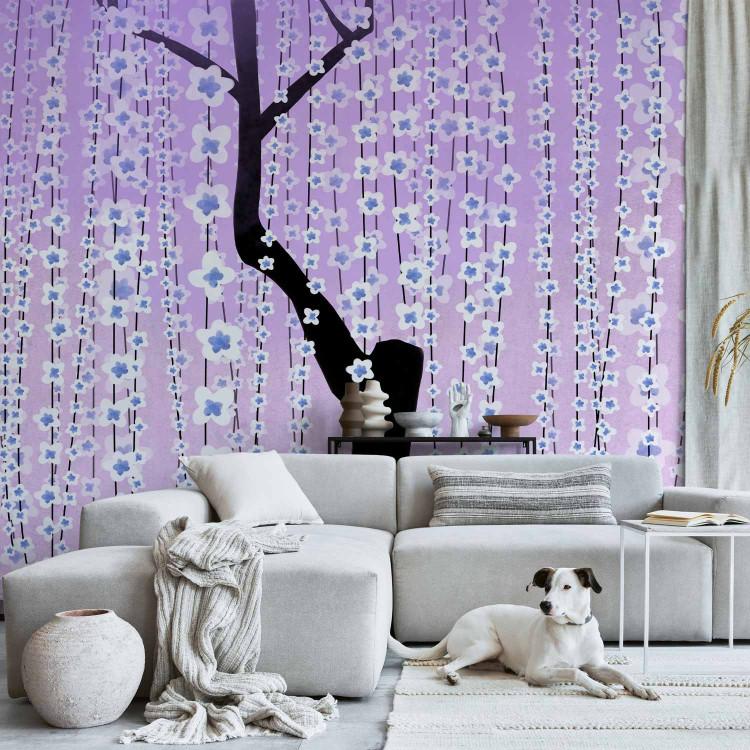 Wall Mural Tree with drooping flowers - romantic bloom on purple background