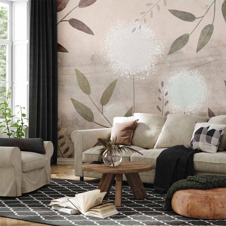 Wall Mural Abstract dandelions - subtle twigs with leaves on a patterned background