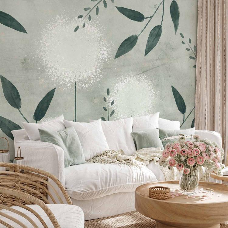 Wall Mural Abstract dandelions - green twigs with leaves on a patterned background