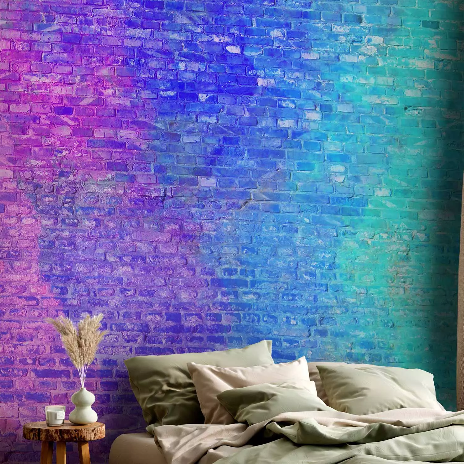 Wall Mural Colourful wall - neon brick wall in shades of blue and purple