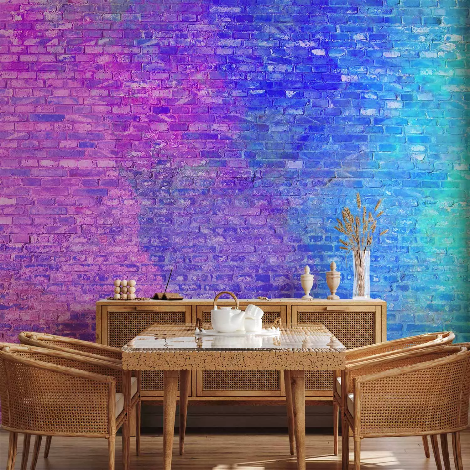 Wall Mural Colourful wall - neon brick wall in shades of blue and purple