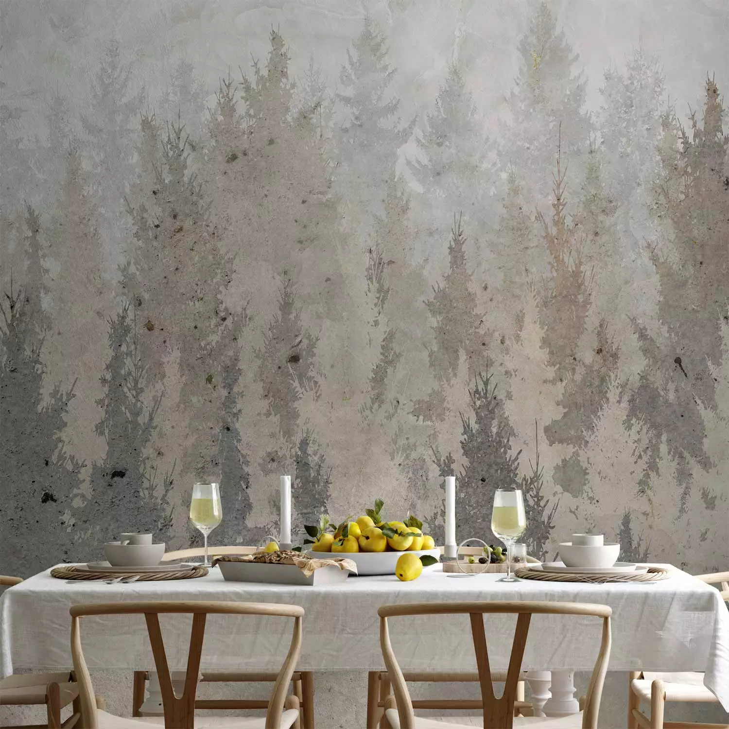 Photo Wallpaper Abstract landscape - forest in shades of beige on raw concrete texture