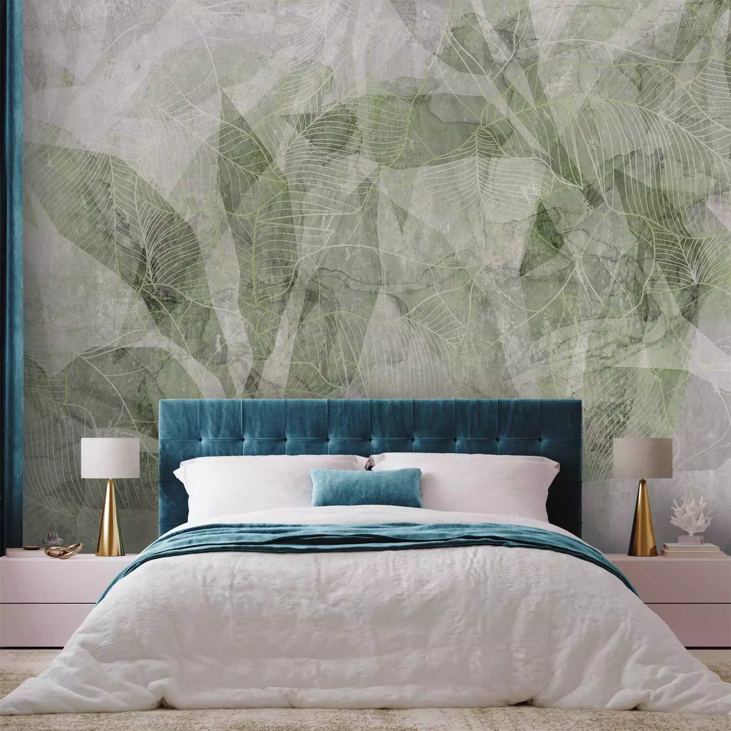 Wall Mural Abstract shadow - interlaced shapes and outline of leaves - green