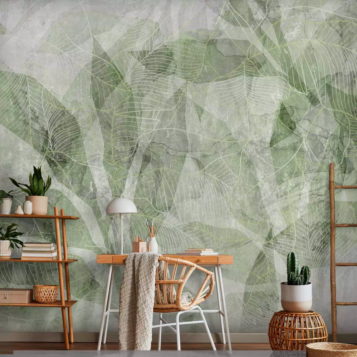 Wall Mural Abstract shadow - interlaced shapes and outline of leaves - green