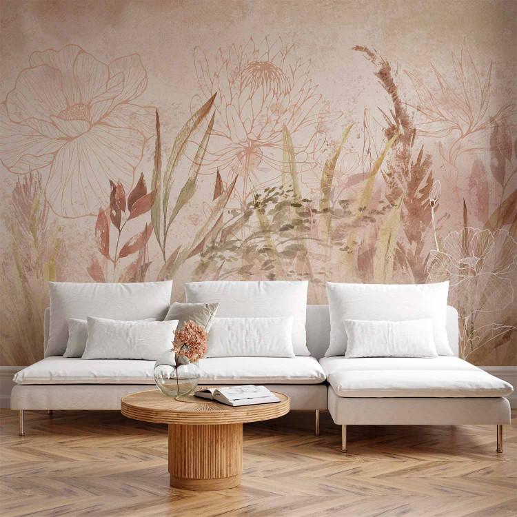Wall Mural Boho style garden - airy flowers plants and grasses in beige lineart