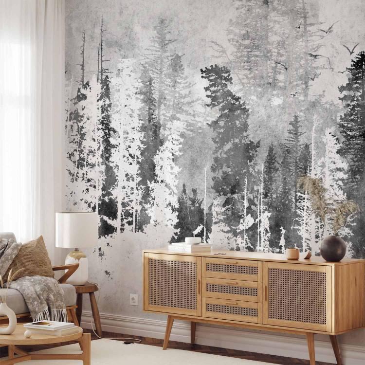 Wall Mural Flying birds - abstract forest landscape in grey and white