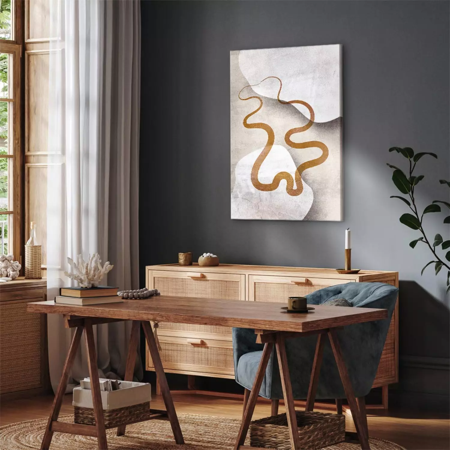 Canvas Art Print Orange Ribbon - abstraction in two brown waves