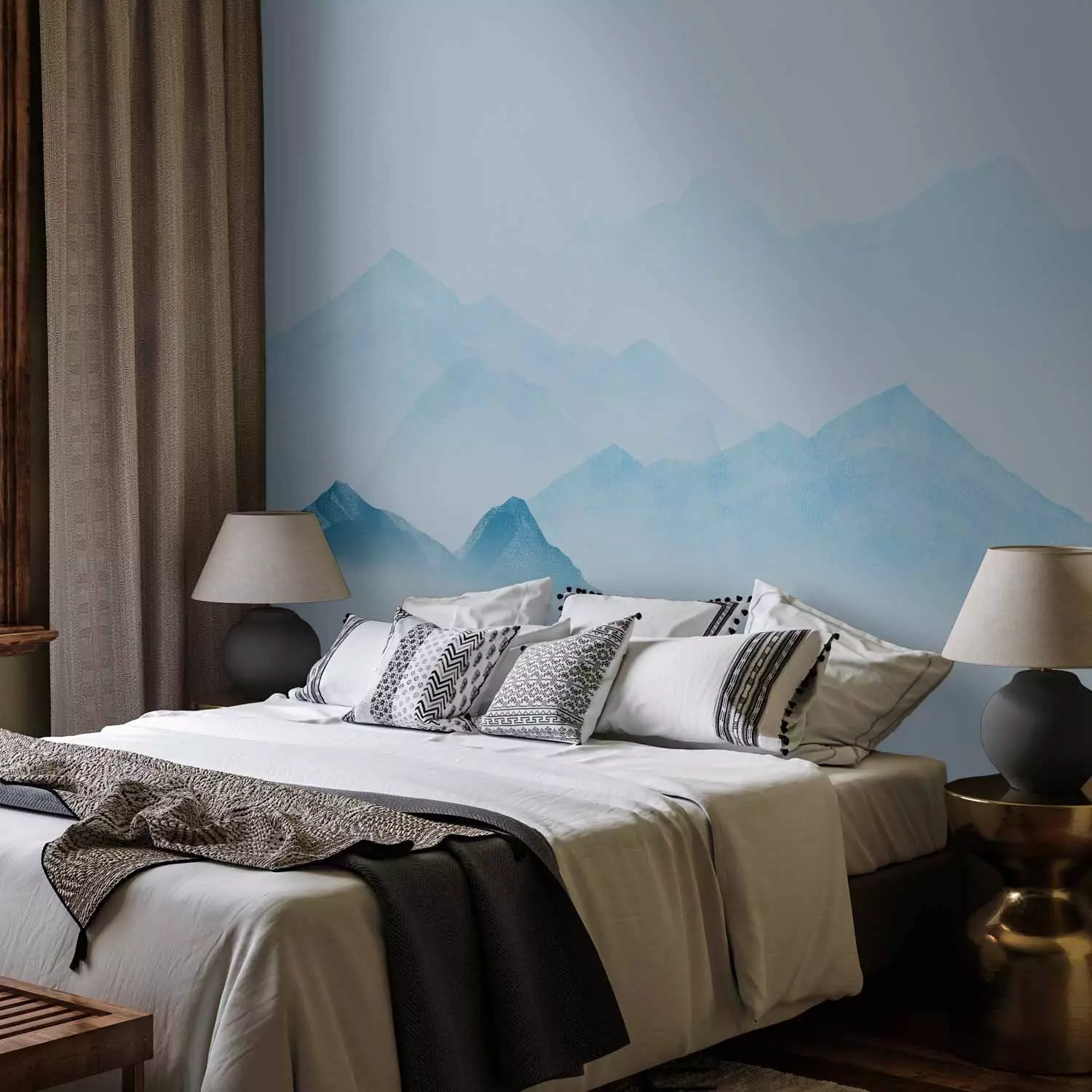 Photo Wallpaper Serenity of nature - watercolour landscape with blue mountain peaks