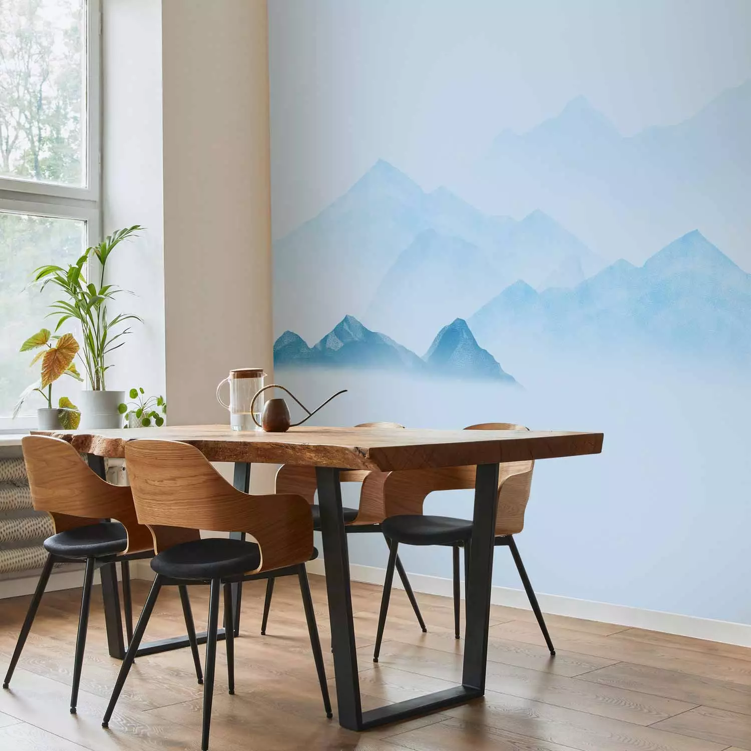 Photo Wallpaper Serenity of nature - watercolour landscape with blue mountain peaks