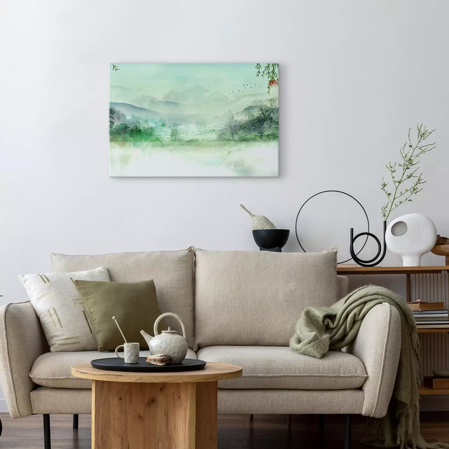 Canvas Print Misty Landscape - green landscape overlooking forest and mountains