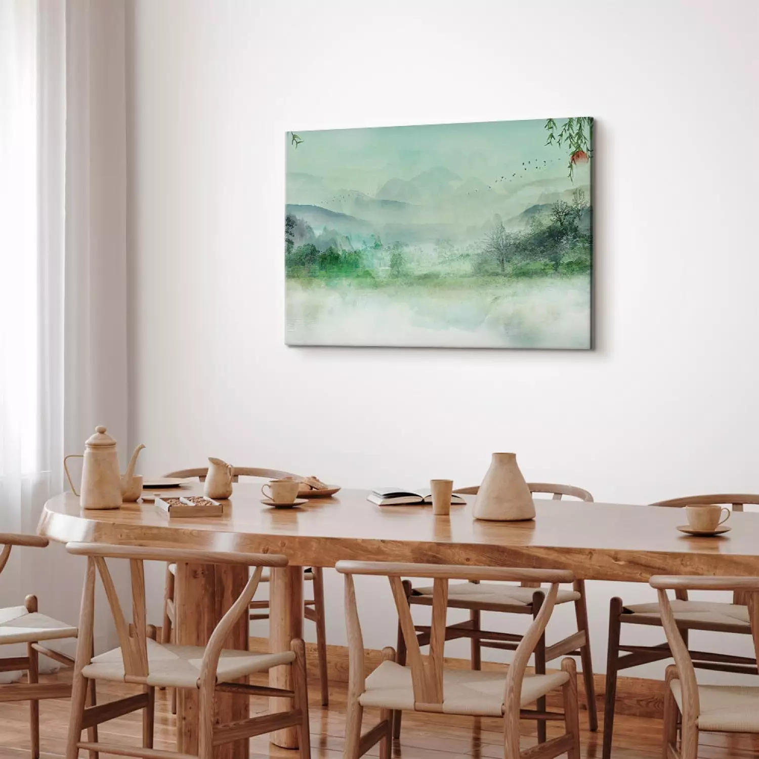 Canvas Print Misty Landscape - green landscape overlooking forest and mountains