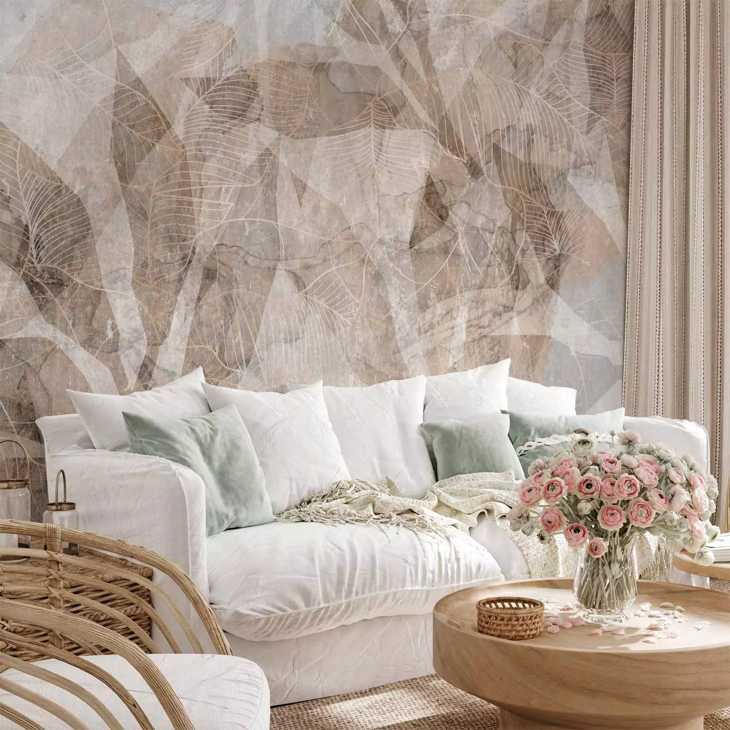 Photo Wallpaper Shadow abstraction - interlaced shapes and leaf outline - beige