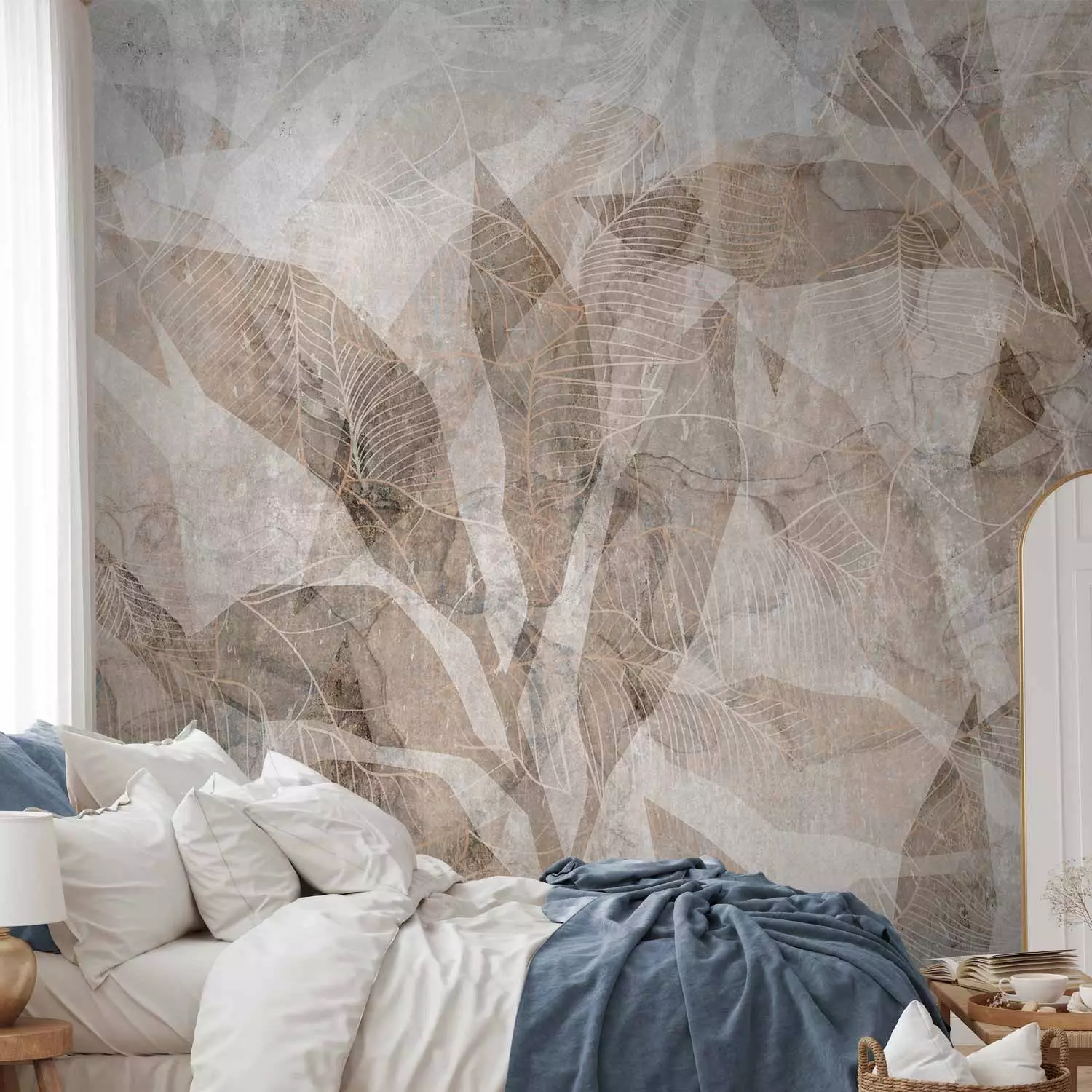 Photo Wallpaper Shadow abstraction - interlaced shapes and leaf outline - beige