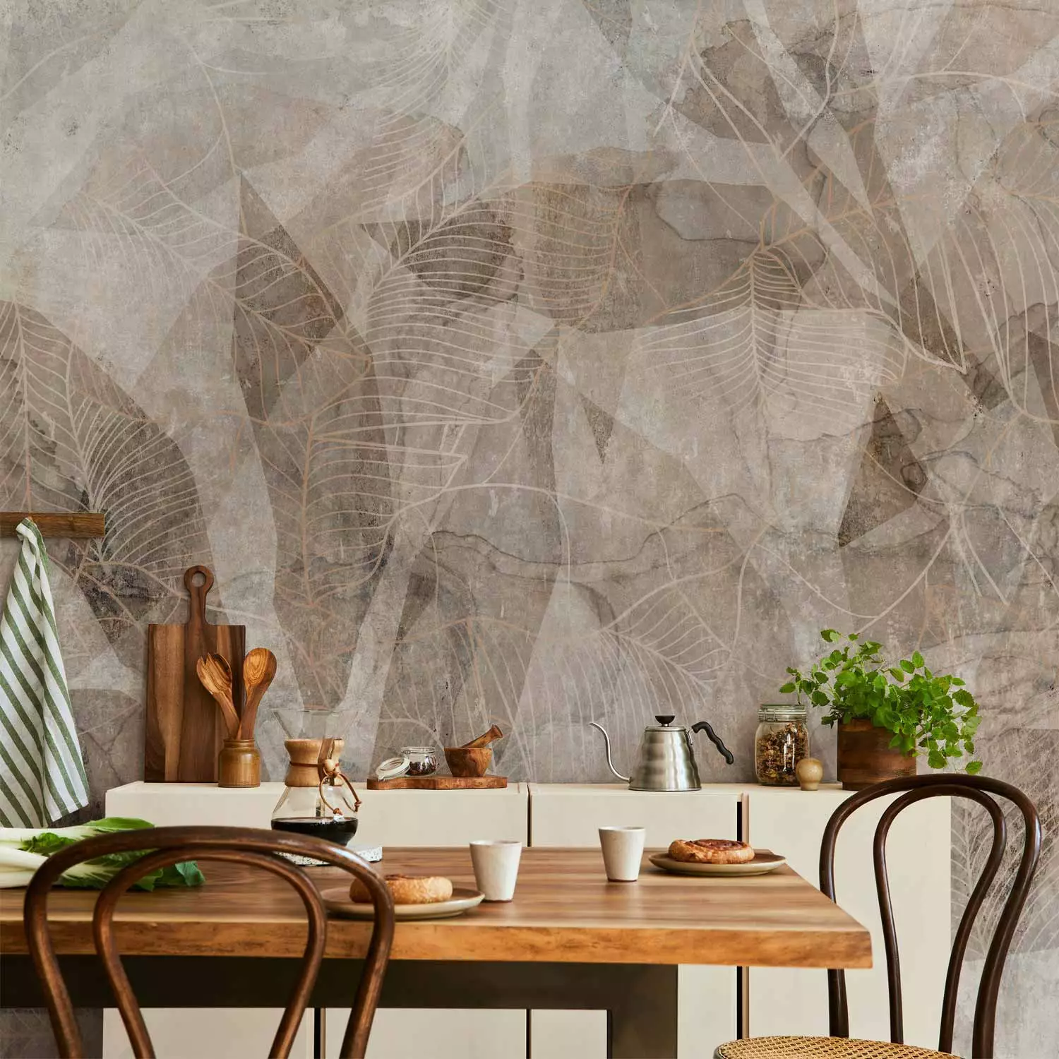 Photo Wallpaper Shadow abstraction - interlaced shapes and leaf outline - beige