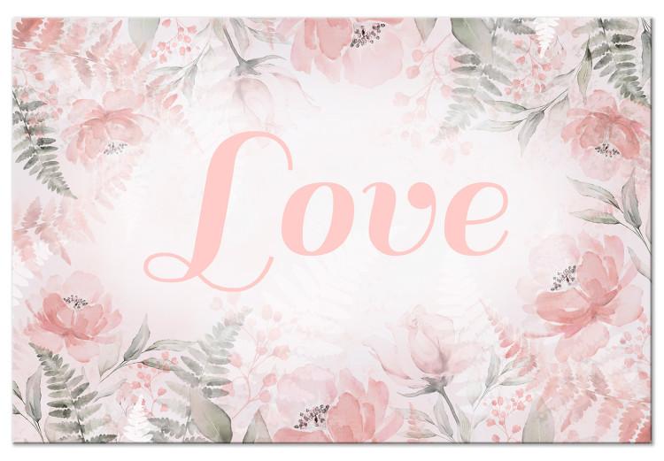 Canvas Love (1-piece) - love inscription on a pink background with flowers and leaves