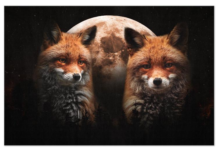 Canvas Forest Animals (1-piece) - two foxes and a moon on a black background