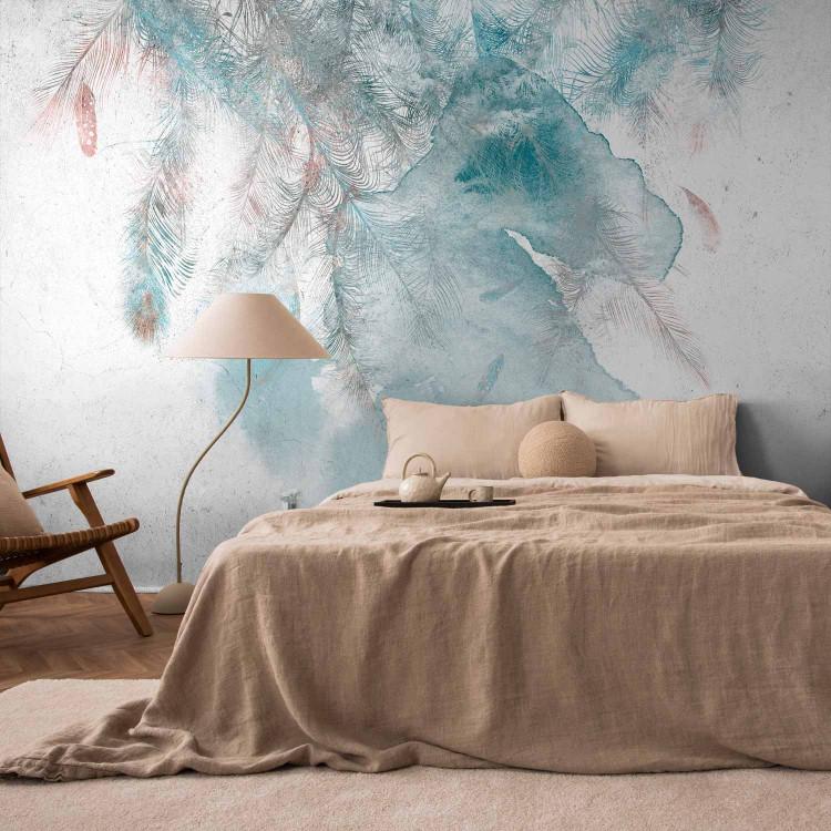 Wall Mural Gust of wind - abstract blue feathers on wall structure