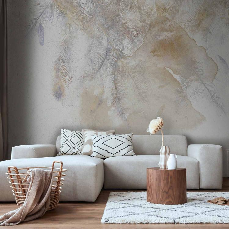 Wall Mural Gust of summer wind - beige feathers on a wall textured background