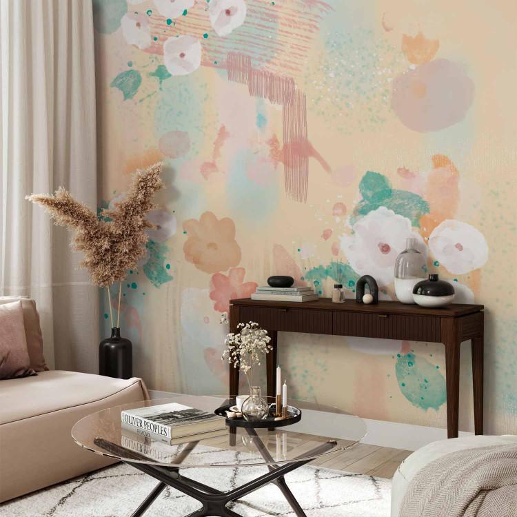 Wall Mural Painted flowers - abstract composition of spots on orange background