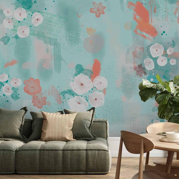 Wall Mural Painted flowers - abstract composition of spots on blue background