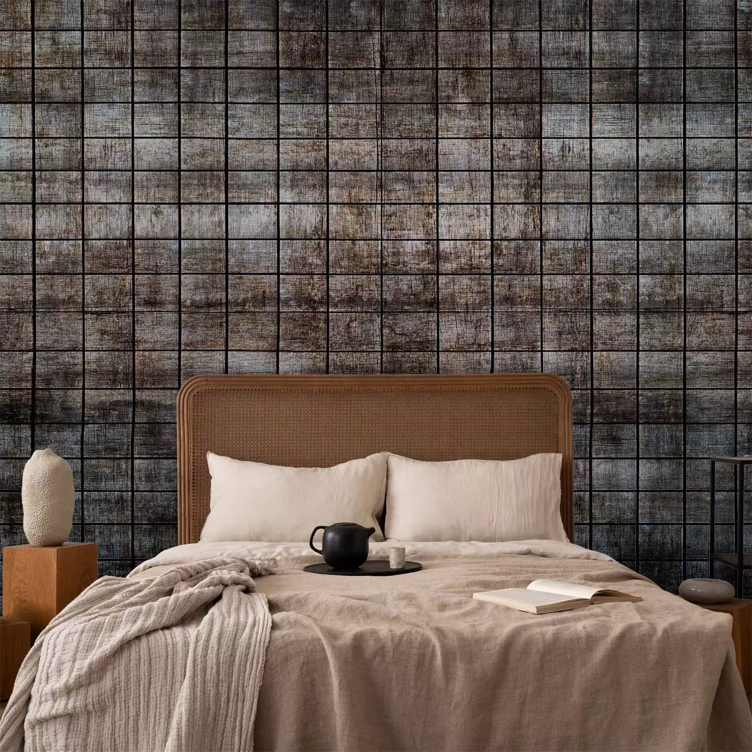 Wall Mural Wooden tiles - dark grey background with a pattern of small rectangles