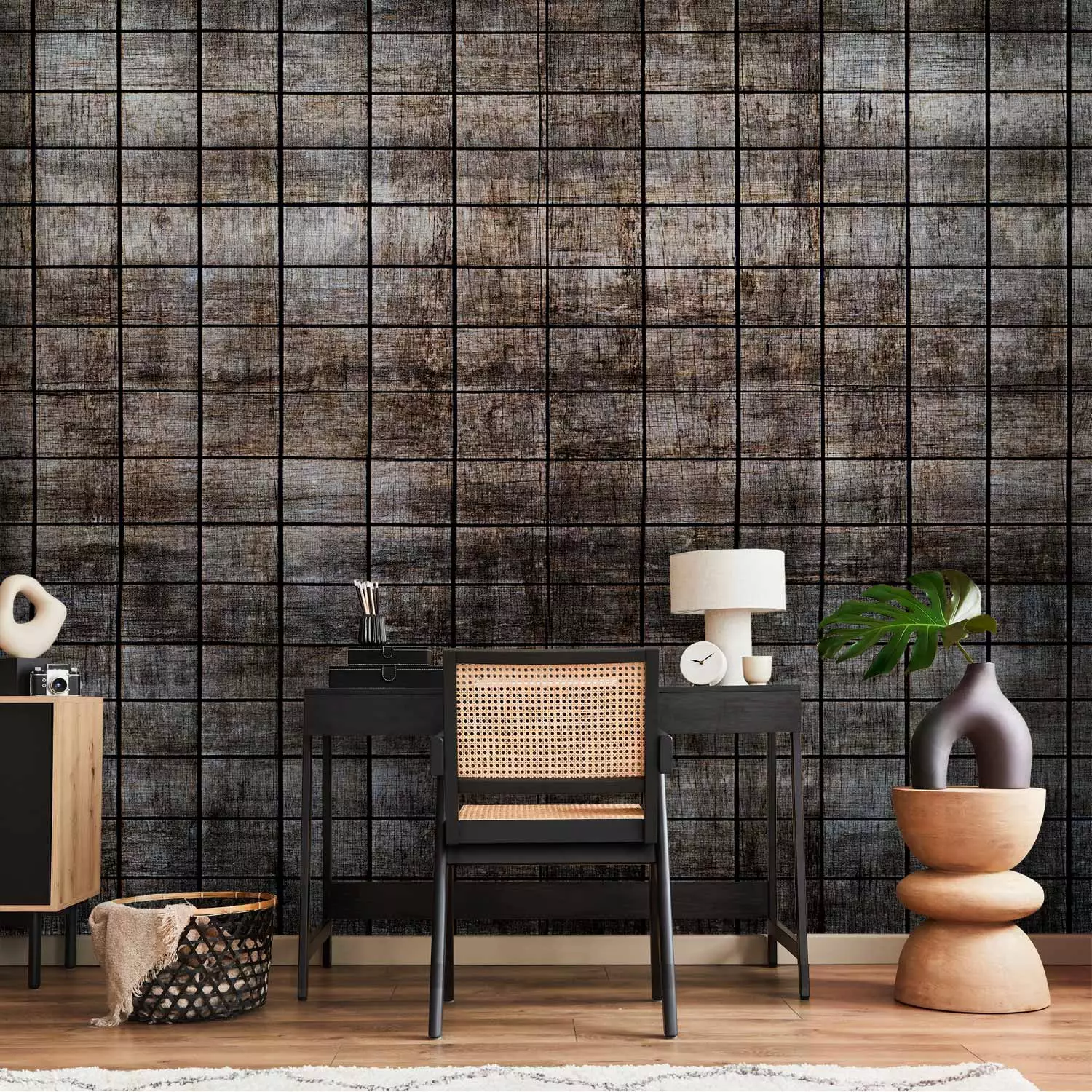 Wall Mural Wooden tiles - dark grey background with a pattern of small rectangles