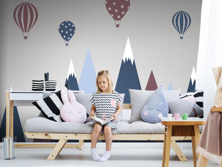 Wall Mural Children's landscape - graphic with balloons over blue and red mountains