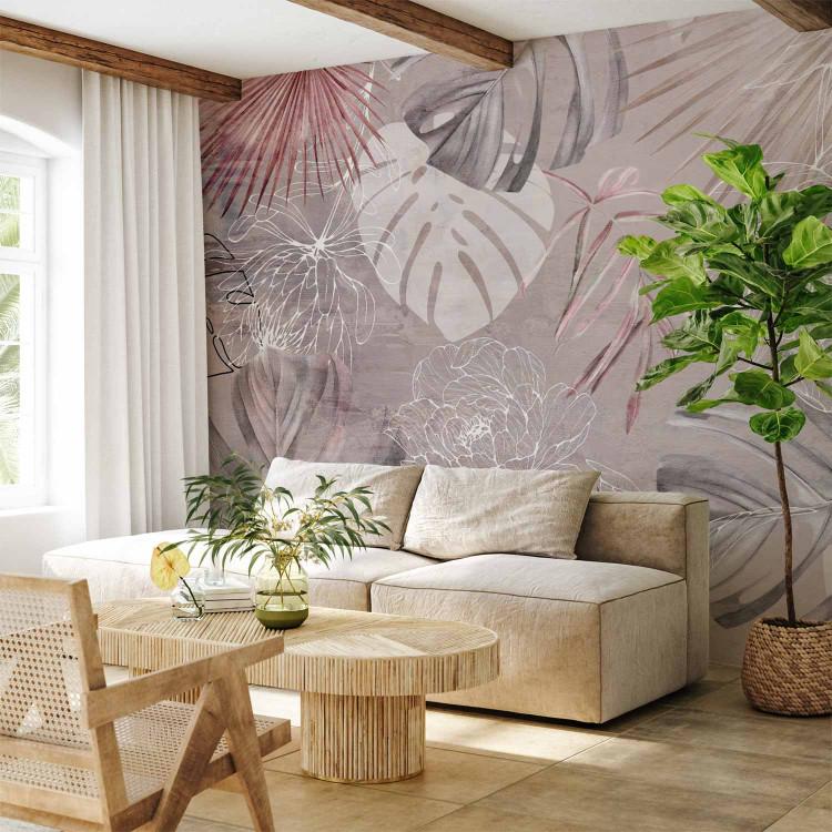 Wall Mural Vegetable landscape - flowers and exotic leaves in pink and grey tones