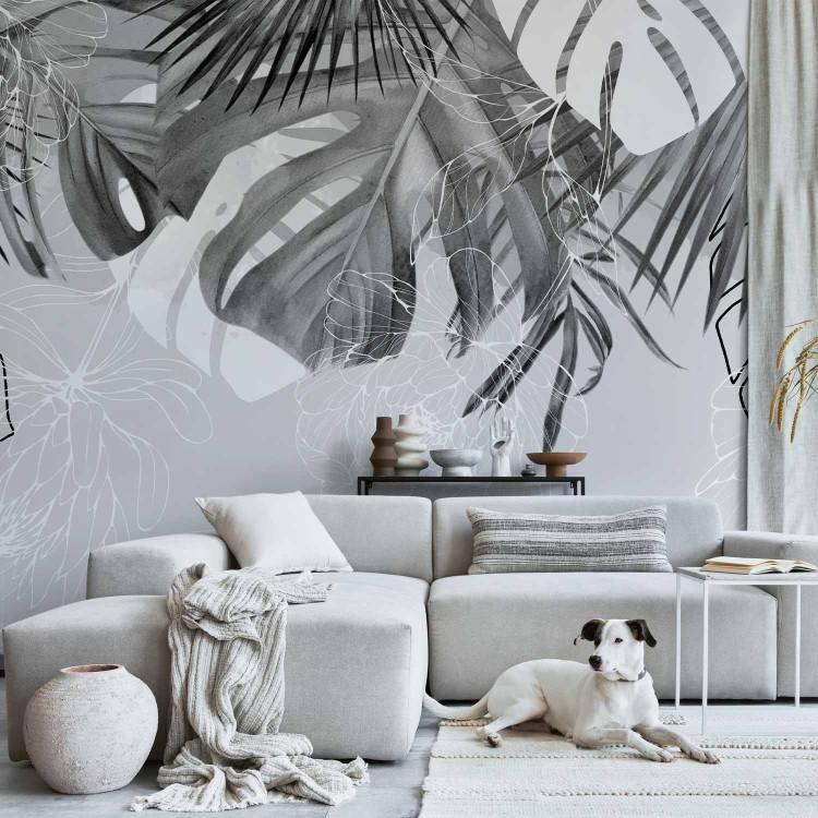 Wall Mural Elegant nature - exotic leaves and flowers in grey com
