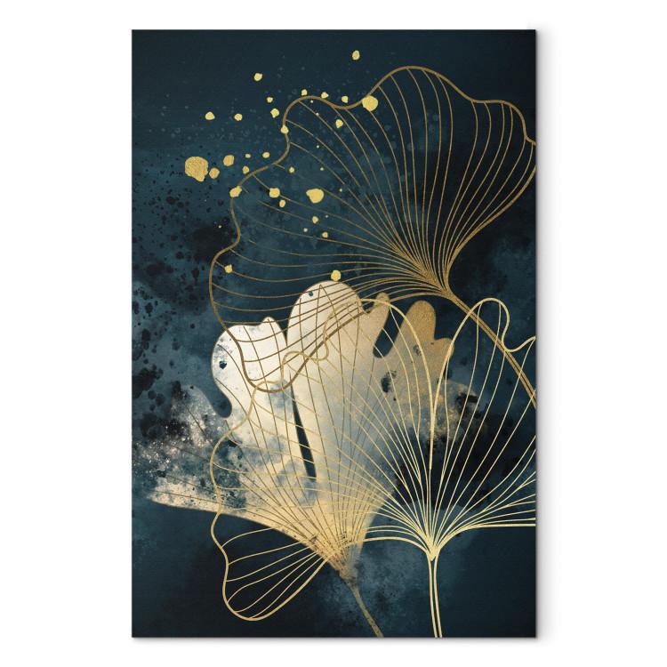 Canvas Nature in Abstraction - Golden Ginkgo Leaves on Turquoise Watercolors