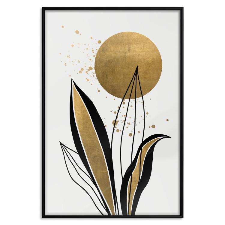 Poster Abstract Nature - Black and Gold Leaves, Rising Sun and Dew