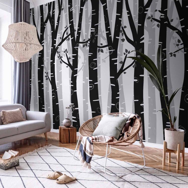 Wall Mural Birch forest - landscape of grey and white trees in a forest with grey leaves